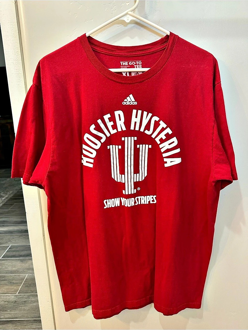 adidas Hoosier Hysteria Show Your Stripes tee Red Cotton Tee Size XL Like New